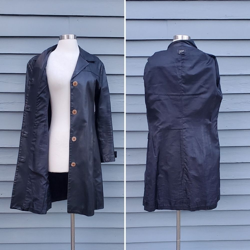 Vintage 90s y2k Bratz Black Leather Mod Boho Western Button Front Trench Coat Md - Picture 3 of 9